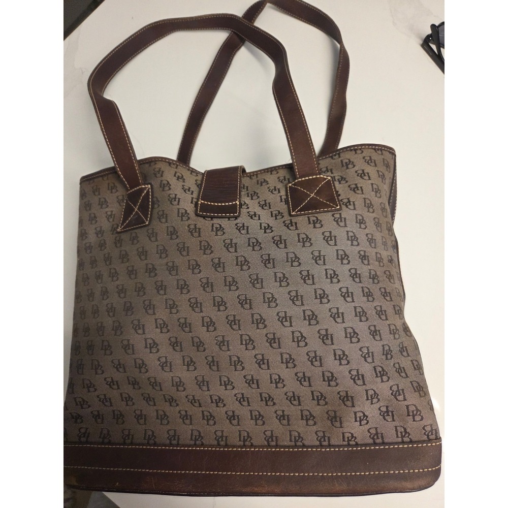 Dooney & Bourke Signature Monogram Canvas Tote Brown Leather Trim Vintage Y2K - Picture 2 of 8